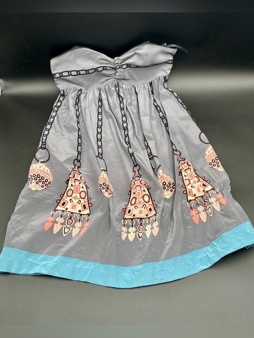 Anthropologie Corey Lynn Vintage Y2K Gray Silk Strapless Chandelier Mini Dress